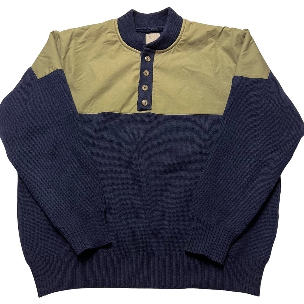 Vintage C.C. Filson Navy Blue Henley 100% Wool Guide Hunting Sweater Men’s Large